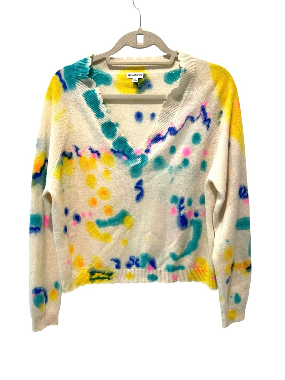Minnie Rose 100% Cashmere Tie Dye Sweater Scalloped V Neck Size L - Picture 2 of 8